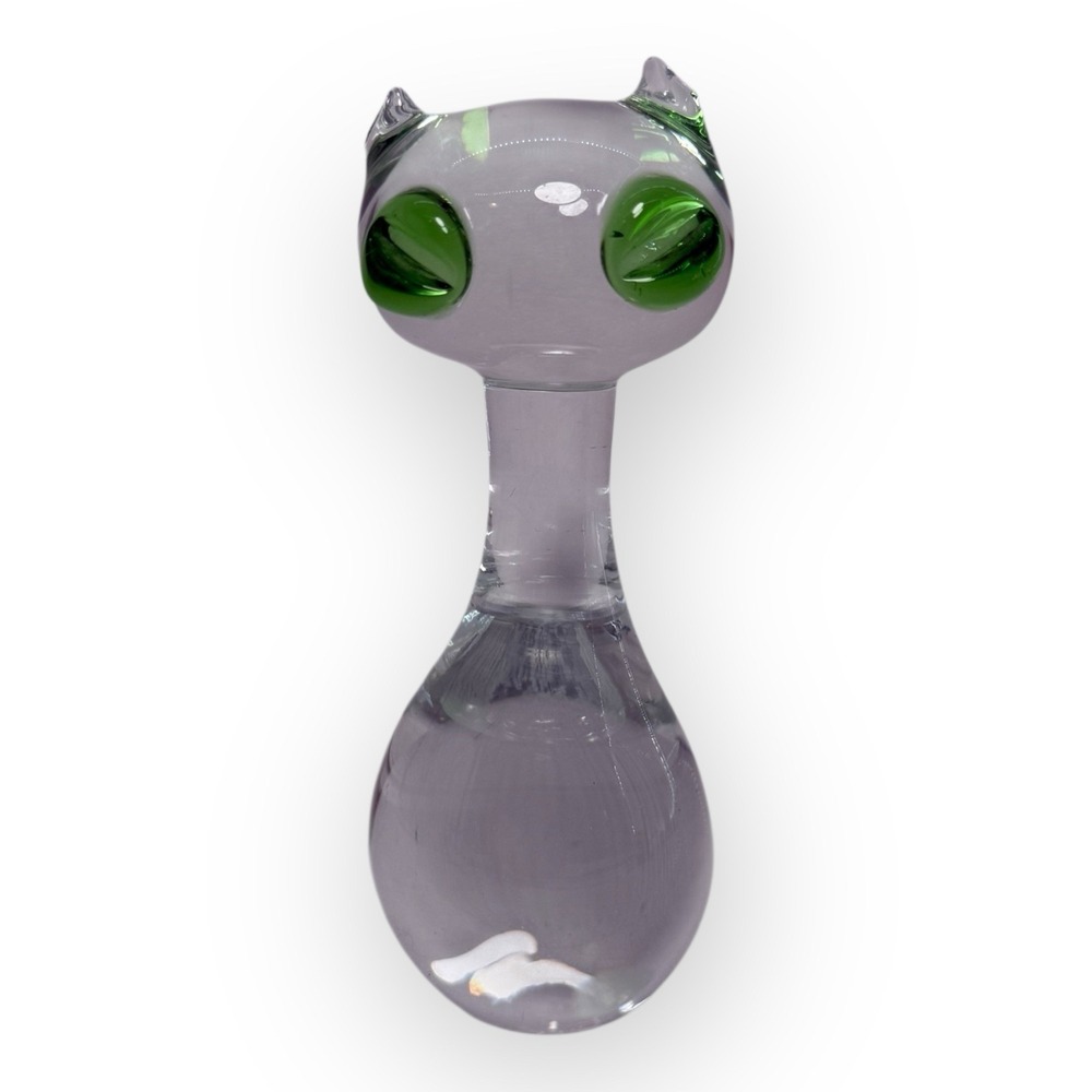 VTG Scandinavian Swedish Art Glass Long Neck Siamese Cat Figurine MCM Green Eyes